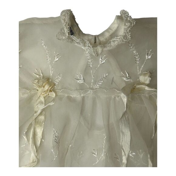 1950's Carol Joy Creation Christening Dress Sheer Satin Ribbons Lace White Gown - Picture 2 of 14